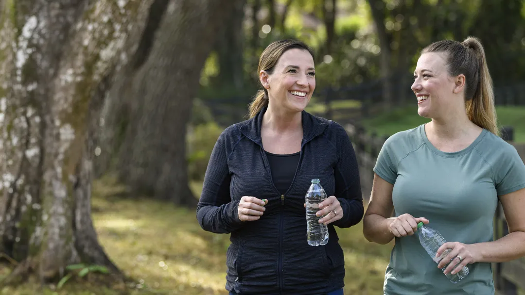Two women walking outdoors