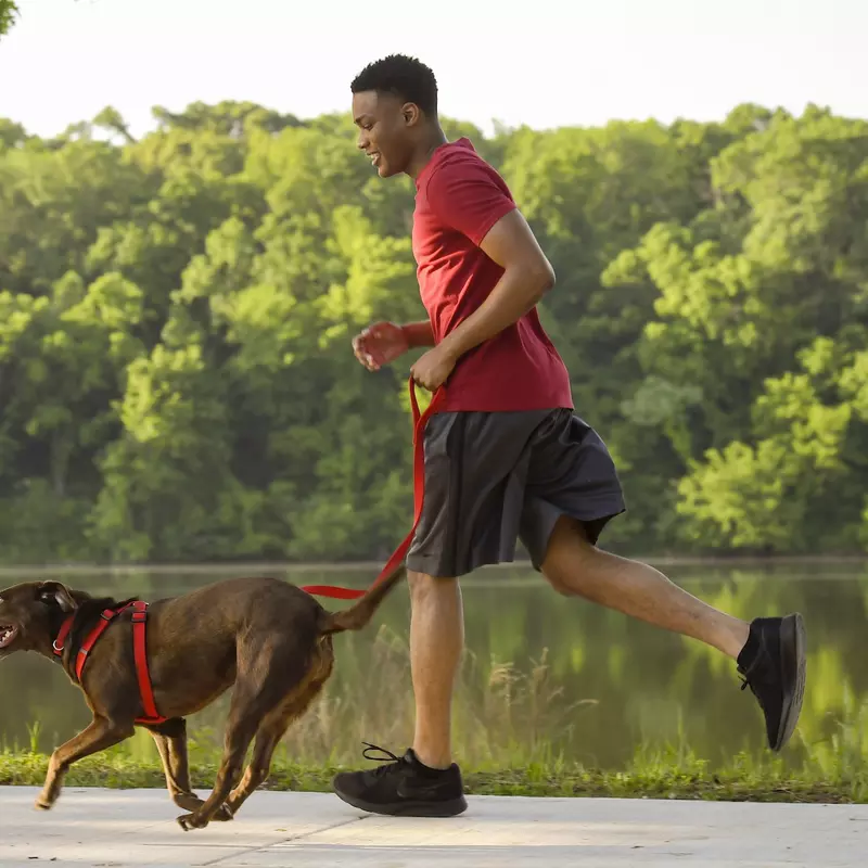 A man running outside with his dog. 