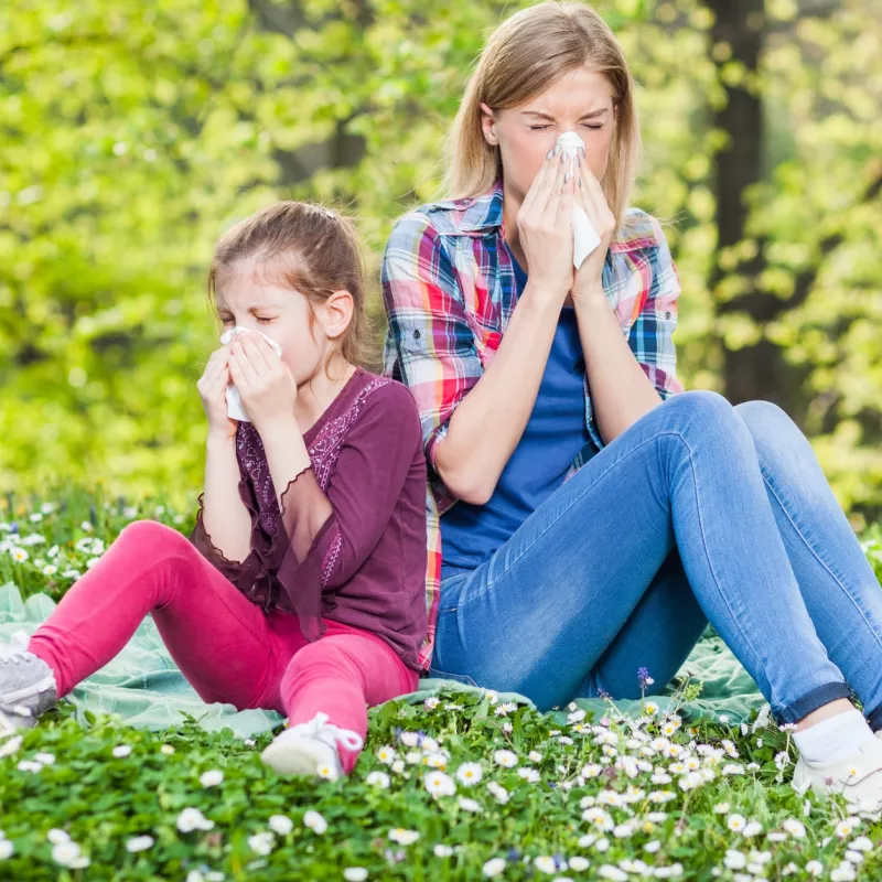 Two ladies experiencing allergy symptoms while sitting outside.