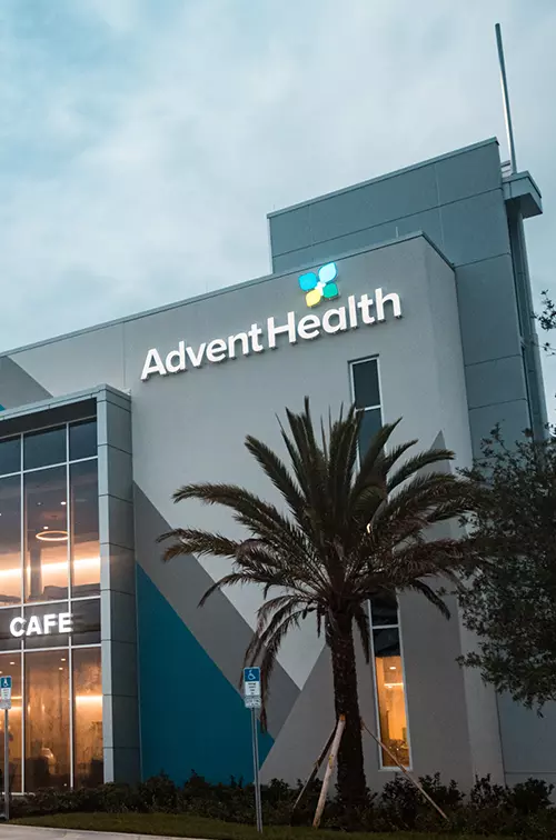 Exterior of AdventHealth AdventHealth Partin Settlement in the evening.
